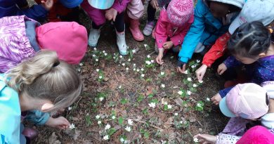 Kids look at flowers.