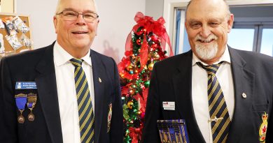 Two people pose in front of a Christmas tree.