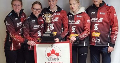 A curling team poses with a trophy.