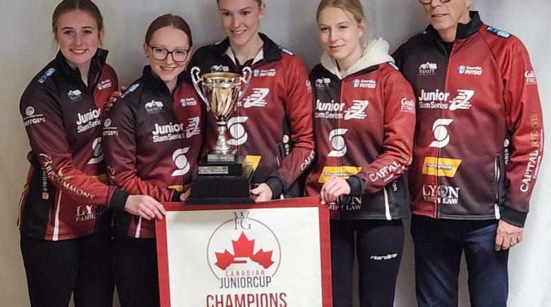 A curling team poses with a trophy.