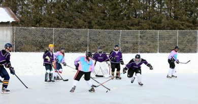 People play outdoor hockey.