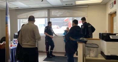 Cops chat with residents in a room.