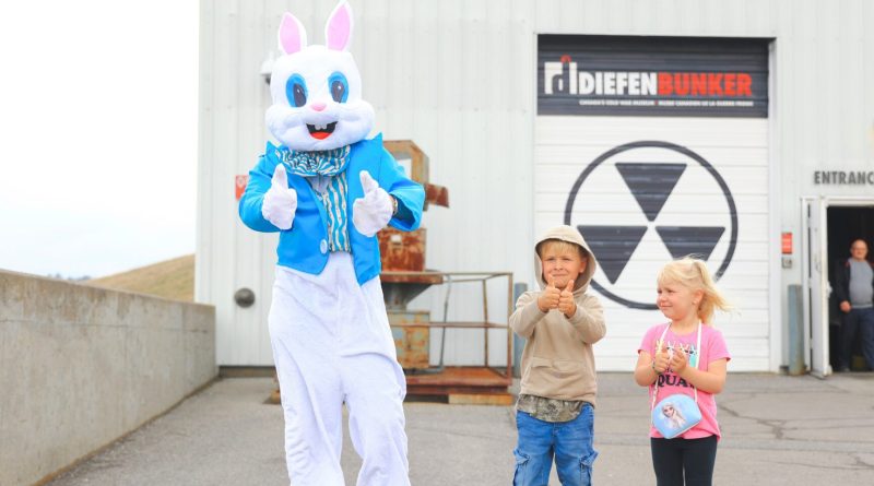 A bunny rabbit stands outside a cold war bunker.
