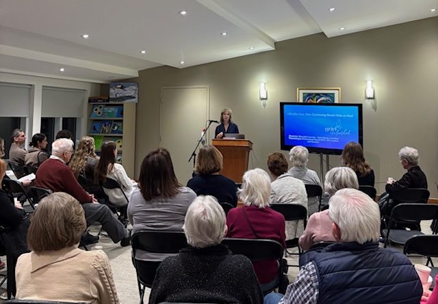 A speaker talks in a full room.