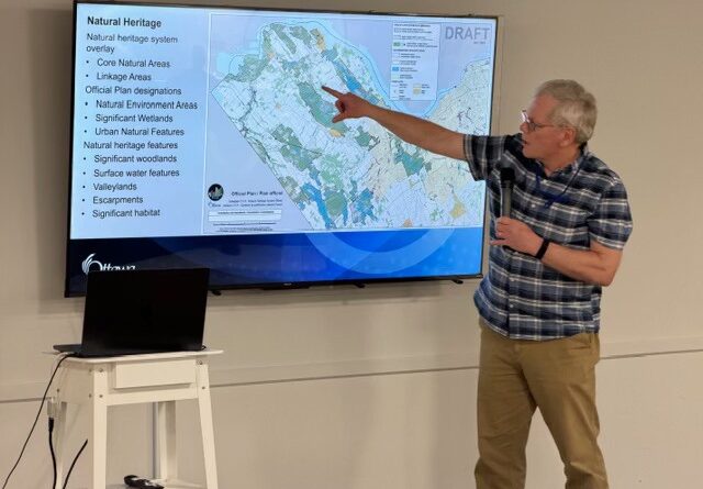 A man points at a screen during a meeting.