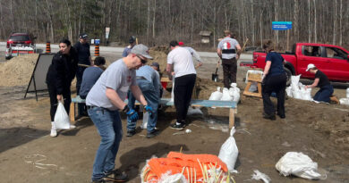 People fill sandbags.