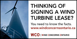 An ad for Wind Concerns Ontario about signing wind turbine leases. Click to be taken to a screen-readable website on the issue.
