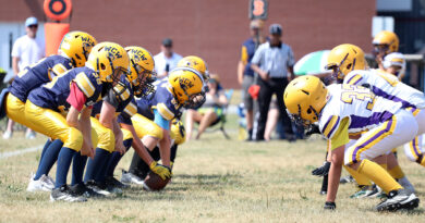 A photo of two football teams pre-snap.