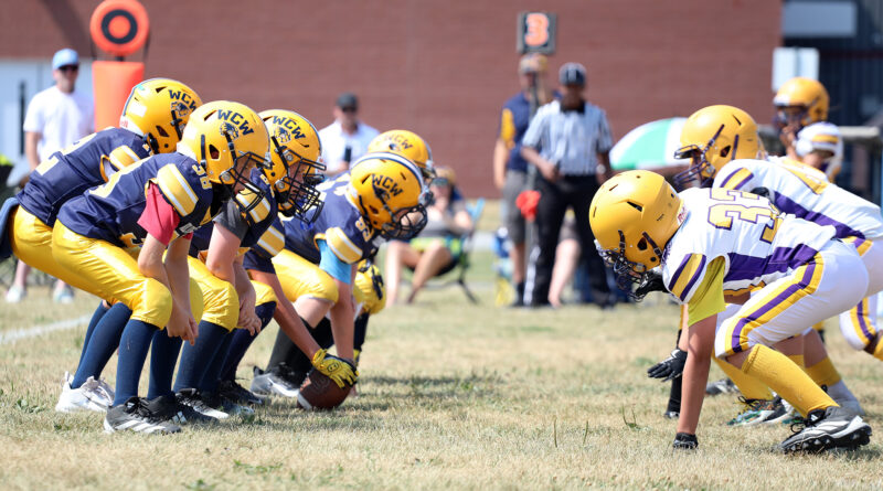 A photo of two football teams pre-snap.