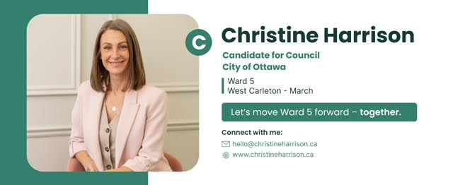 An ad to elect Christine Harrison as Ward 5 councillor. Click to be taken to her screen readable website.