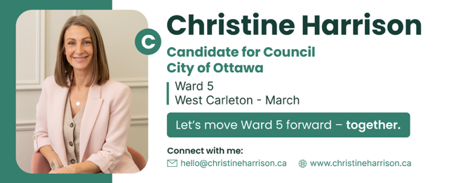 An ad to elect Christine Harrison as Ward 5 councillor. Click to be taken to her screen readable website.