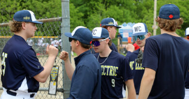 A team congratulates each other.
