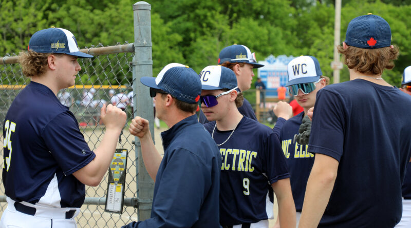 A team congratulates each other.