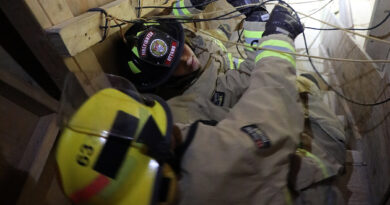 WCSS teaching future first responders Two firefighters goind down stairs feet first.