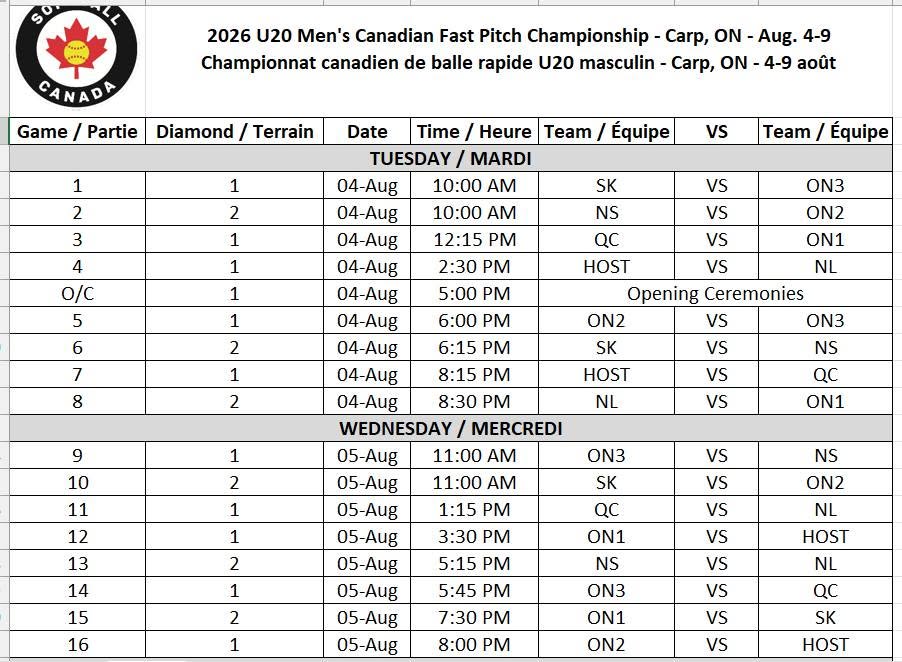 A schedule for the fastball tournament.